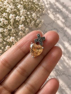 925 Silver Citrine Marcasite Cross Heart Stone Pendant