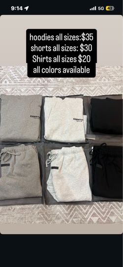 Essentials hoodies, shorts, tee’s