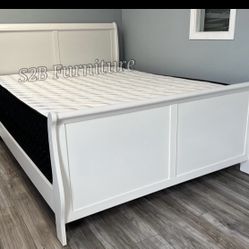 California King Size White Sleigh Bed With Orthopedic Mattress 
