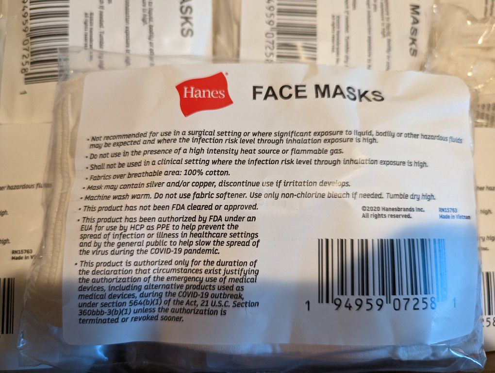 Case of 500 Plain White Face Masks 100% Cotton Printable New in Bags of 5

