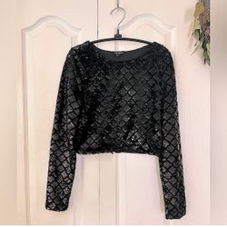 Express Black Reflective Sequin Long Sleeve Slim Crop Top Shimmer Party Shirt