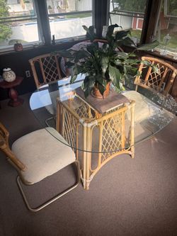 Vintage Rattan Dining Set - Oval Glass Top Table + 4 Chairs - Boho Bamboo Cantilever