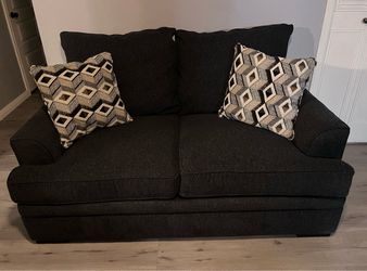 Dark Charcoal Fabric Loveseat / Sofa with Accent Pillows