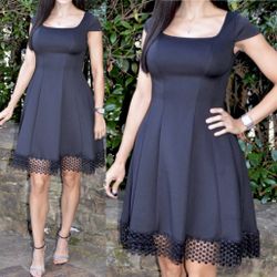 Donna Ricco fit & flare black dress w/polka dot lace hem square neckline Size 12