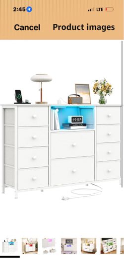 Dresser for Bedroom with 10 Drawers, White Storage Organizer TV Stand with LED Lights and Sockets, Fabric Chest of Drawers for 55" TV with PU Finish f
