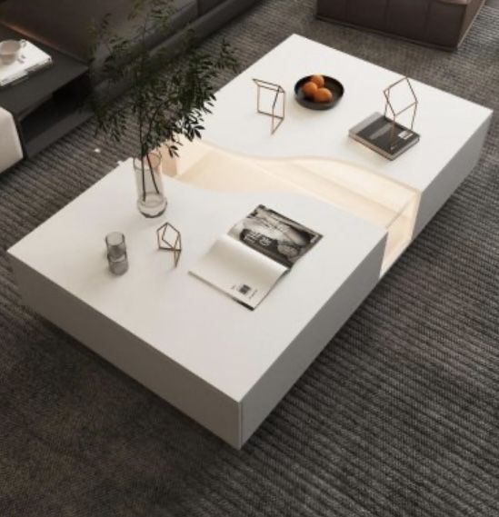 White Rectangular Wooden Coffee Table With Light