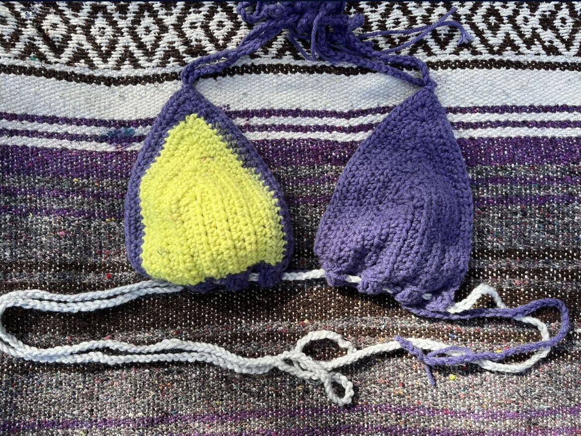 Crochet Bikini Top Handmade Purple Yellow Beach 