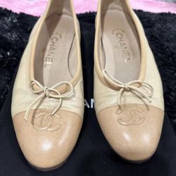 AUTHENTIC CHANEL BEIGE CC LOGO LAMBSKIN BALLERINA FLATS Size 37