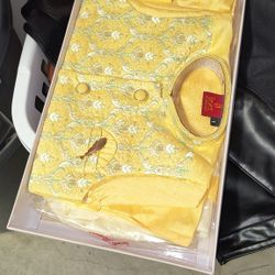 Boys three-piece kurta pajama set with a floral-patterned jacket