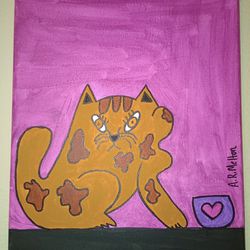 Handpainted Light Brown Cat And A Bowl Original Acrylic Painting On Canvas Wall Art 11x14"