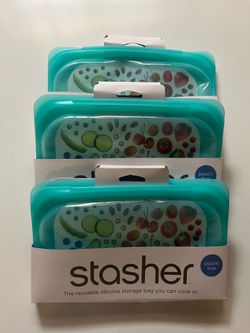 Stasher Premium Reusable Silicone Food Storage Bag, Snack, Aqua, 12 oz×3pc