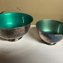 Silver plated bowl set with green enamel interior 