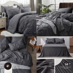 King Size Comforter Set - Bedding Set King 7 Pieces, Pintuck Bed in a Bag Dark Grey Bed Set with Comforter, Sheets, Pillowcases & Shams