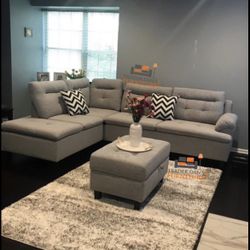light grey linen Sectional Sofa with storage ottoman and 2 accent pillows