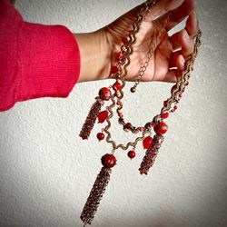 Chico’s Vintage Red Orange Beaded Antique Gold Chain Tassel Statement Necklace
