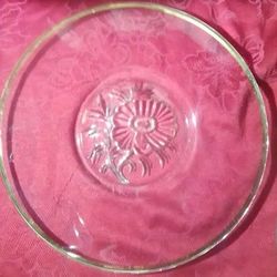 Vintage Jeanette Clear Glass Platter w/flower and gold rim