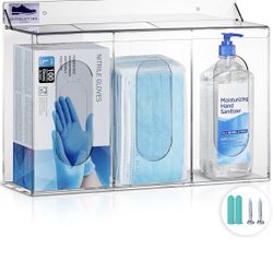 Clear Acrylic Medical Organizer Hygiene Station with Lid - 3 Compartment Glove Dispenser Wall Mount Container for Face Masks, Hairnet, Glovebox - Hair