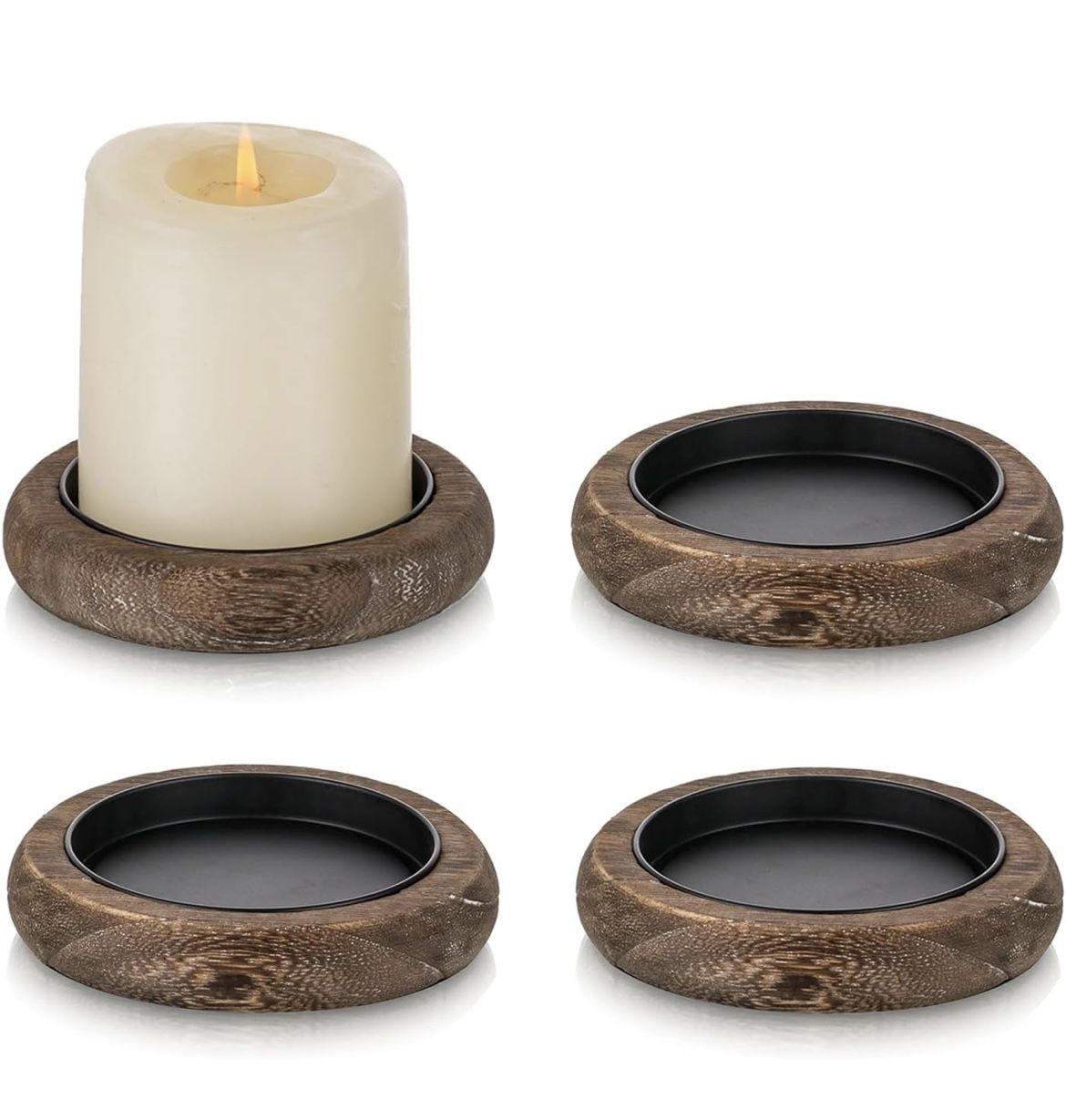 Romadedi Wood Candle Holder Farmhouse Decor - Pillar Candle Holders for Table Centerpiece Small Tray Riser Set of 4 Round Wooden Plate Pedestal Stand