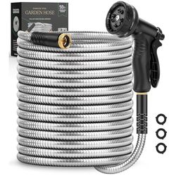 Garden Hose with Nozzle 50 FT [NEW], Metal Stainless Steel Water Hose with 10 Function Nozzles, No Kinks, Flexible Hose, Lightweight, Puncture Proof, 