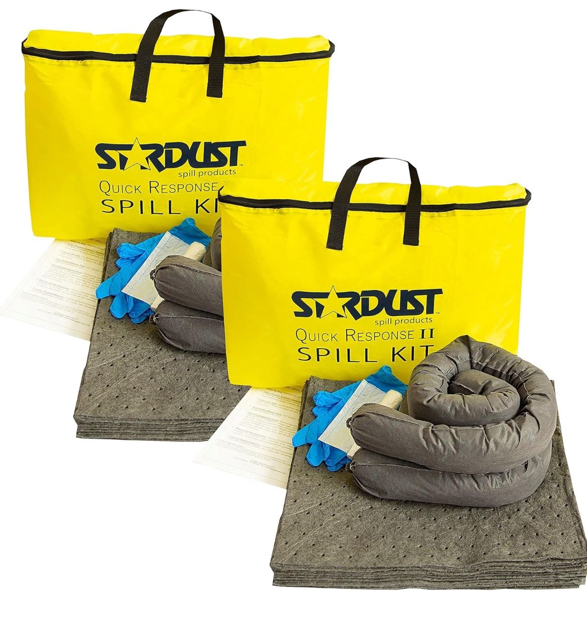 Stardust Quick Response Universal Spill Kit 2-Pack. Each Pack Includes: Yellow Duffle, 15 Universal Sorbent Pads, 2 3"x4' Universal Sorbent Socks, 4 D