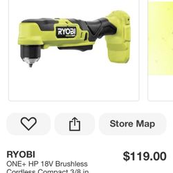 Ryobi 18 Volt Compact Brushless 3/8 Right Angle Drill 