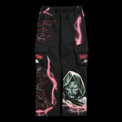 CIVIL REGIME - DR. DOOM WIDE LEG CARGO FLEECE PANTS IN BLACK SIZE MEDIUM