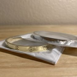 2 Stainless Steel Cross Pattern Bangle Bracelets Gold and Silver Tone