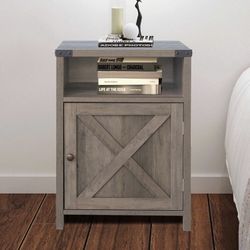 (Washed Oak) Farmhouse End Table Side Table with Cabinet and Shelves 