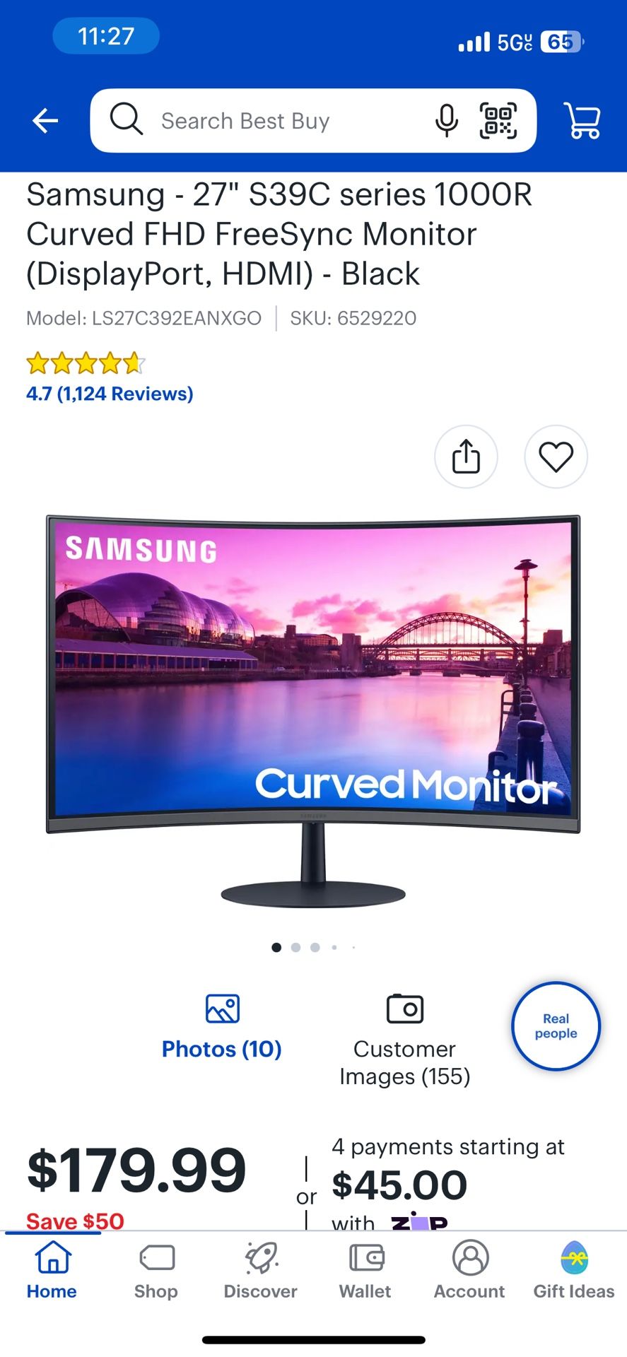 Samsung 27" Curved Monitor (Model: LS27C392EANXGO)