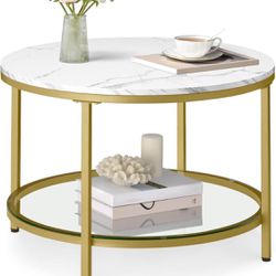 Round Coffee Table, Small Coffee Table with Faux Marble Top and Glass Storage Shelf, 2-Tier Circle Coffee Table, Modern Center Table for 