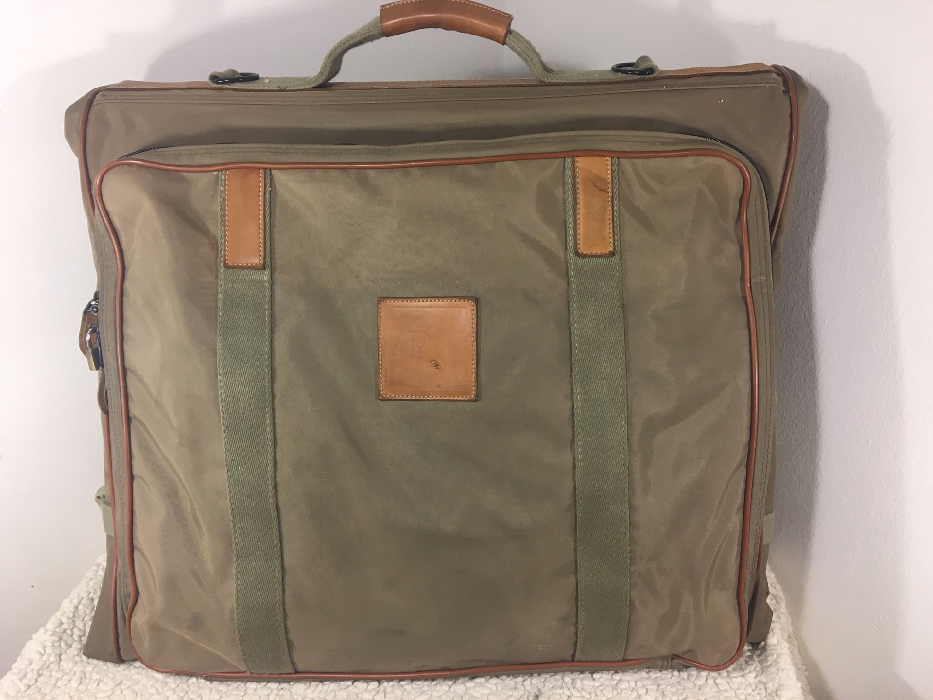 VINTAGE CHRISTIAN DIOR BEIGE THICK CANVAS AND LEATHER GARMENT BAG