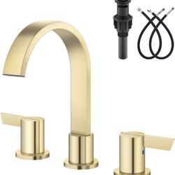 Bathroom Faucets 3 Hole,8 Inch Widespread Waterfall Bathroom Sink Faucet,2 Handles Vanity Faucet with Pop-up Drain and Supply Hose, Brushed Gold