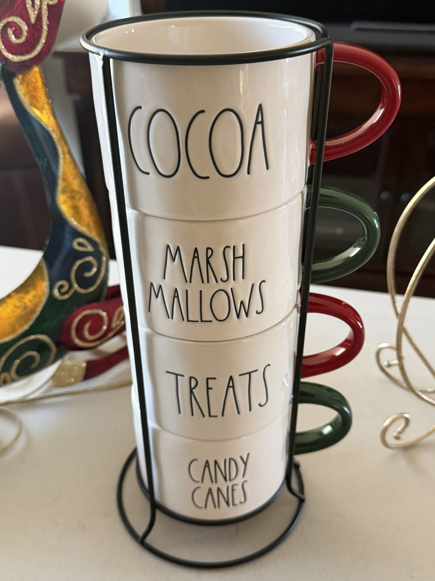 RAE DUNN “TREATS, MARSHMALLOWS, COCOA, CANDY CANES Double Sided Stackable Mug Set of 4 Holiday Collection 