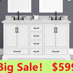 60”white double sink bathroom vanity with carrara white marble stone top