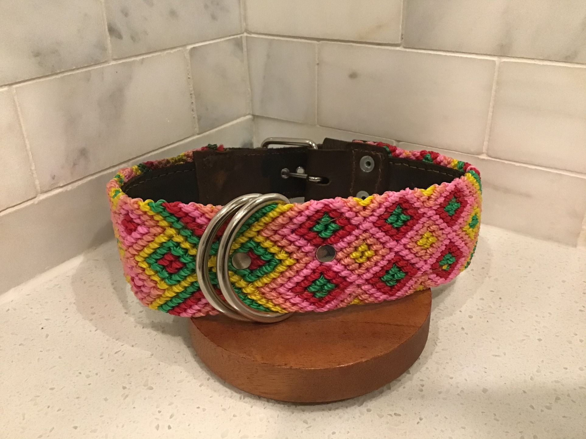 Handmade Dog Collar – 19.5” Large – Pink & Green Artisan Weave
