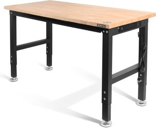 WORKPRO 48" Adjustable Workbench, Rubber Wood Top, 2000 LBS Capacity 5 Height Adjustments, Built-in Power Outlets, Heavy Duty Work Table for Workshops