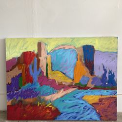 Original Desert Landscape Painting – Large 30x40 Southwest Scene w/ Cactus
