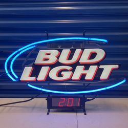 Original Vintage BUD LIGHT Neon Bar Sign W/ Digital Clock 28 X 17