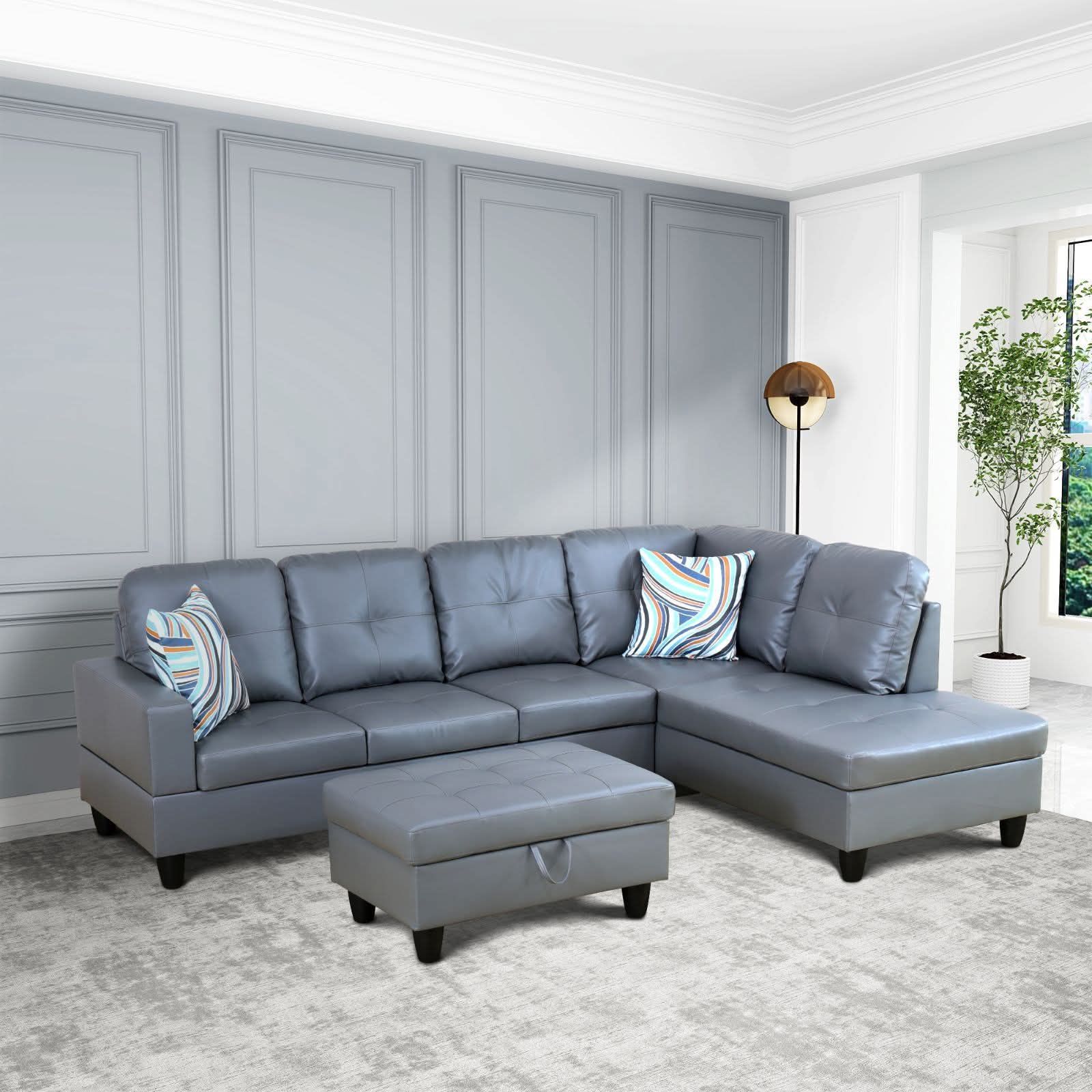 3-Piece Dark Grey Sectional Sofa Set – Semi PU Synthetic Leather