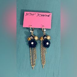 Betsey Johnson Vintage Black Roses, Amber Crystals & Gold Charms Earrings