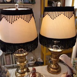   VERY UNIQUE LOOKING VINTAGE  BRASS AND  BLACK  LAMPS WITH  REALLY  DIFFERENT LOOKING  SHADES 