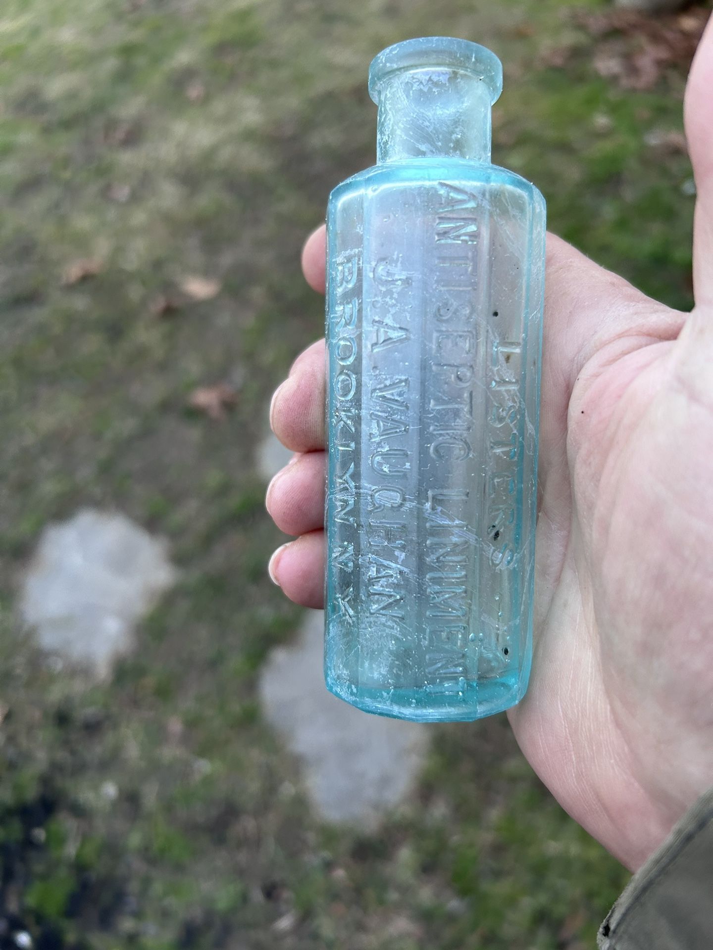 Aqua blue 1880 Lister’s Antiseptic Liniment J.A. Vaughn.
