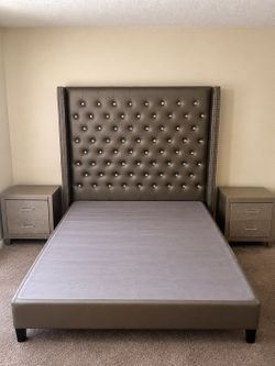 Queen Bed Frame with Headboard & 2 Matching Nightstands