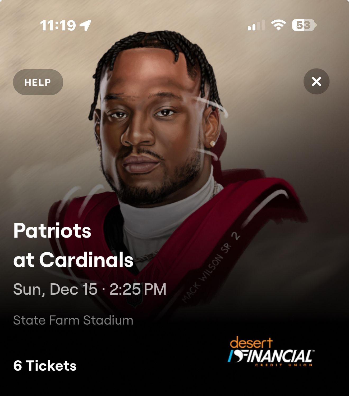 New England Patriots At Arizona Cardinals Sec 135 row 10 And Sec 136 row 11.