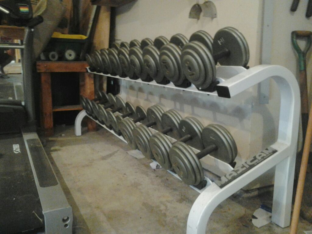Maxicam by Muscle Dynamics- 2 tier Dumbbell Rack . Including Ivanko Dumbbells 10lbs-65lbs 11 pairs.