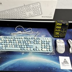 MOFII Full-Size Blue Colorful Wired Keyboard & SOLAKAKA SM600 White Wireless Gaming Mouse
