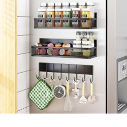 Magnetic Spice Rack for Refrigerator, 3 Pack Magnetic Shelf, Moveable Fridge Organizer with Hook.