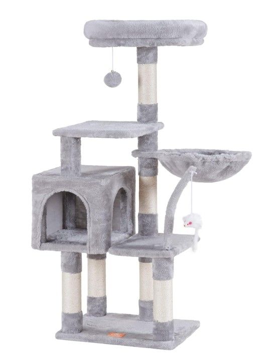 Heybly Cat Tree with Toy, Cat Tower condo for Indoor Cats, Cat House with Padded Plush Perch, Cozy Hammock and Sisal Scratching Posts, Light Gray HCT0
