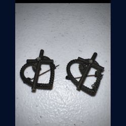 2 vintage Black iron heart with cross Diamond brooch pins RARE