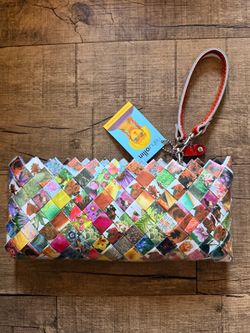 Nahui Ollin Recycled Wrapper Floral Woven Wristlet Clutch Handbag